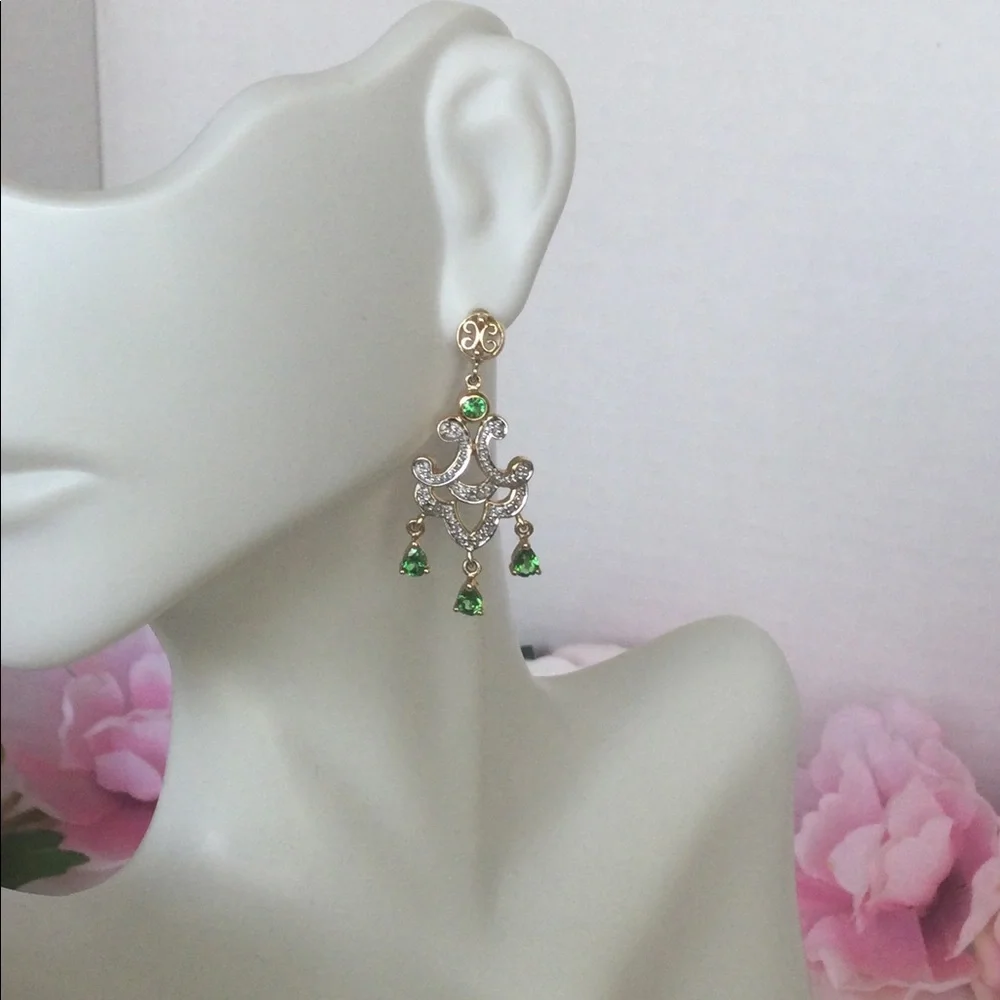 14k, Rare Tsavorite Green Garnet Chandelier Earrings. - Picture 5 of 6
